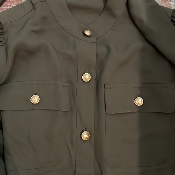 Express Military Green Button-up Blouse with Tie size Small - Picture 3 of 5